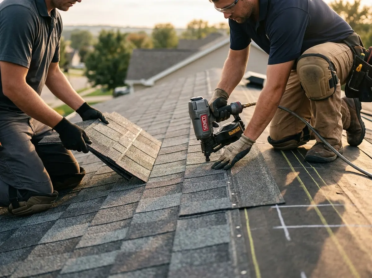 Professional roofer working on a residential roof in Fountain Inn